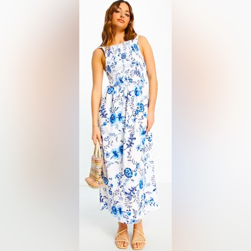 River Island Shirred Neck Floral Midi Dress